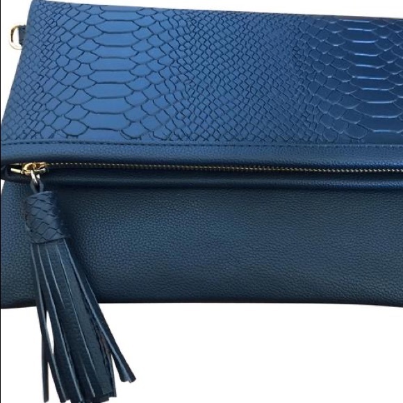 Gigi NY Fold over Navy Snakeskin Clutch - Picture 2 of 5